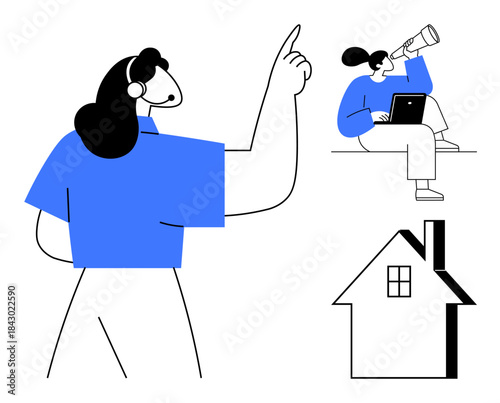 Remote work, communication, creativity, exploration, teamwork, home lifestyle. A woman giving instructions and another using a laptop and telescope near a house. Remote work and communication concept