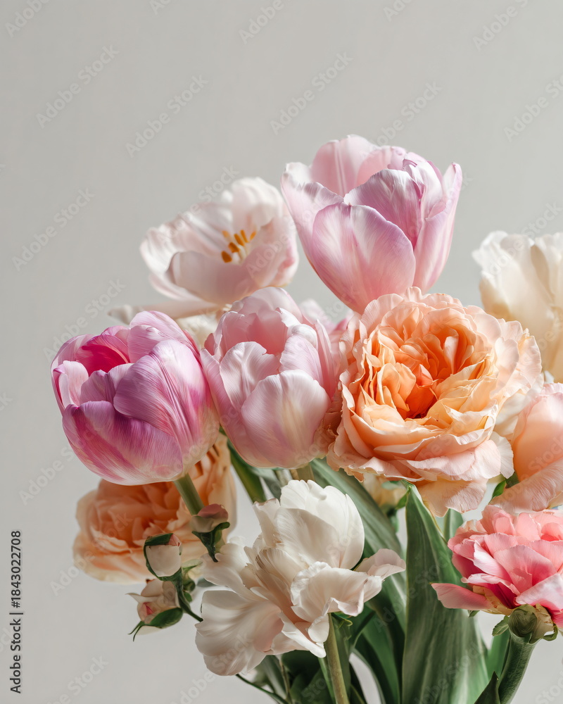 Obraz premium spring bouquet of tulips and roses in pastel colors on white background, clean floral product shot
