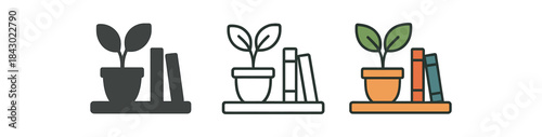 cozy home icons one flat solid monochrome one thin black outline black and white one full color flat icon shelf with plants and books