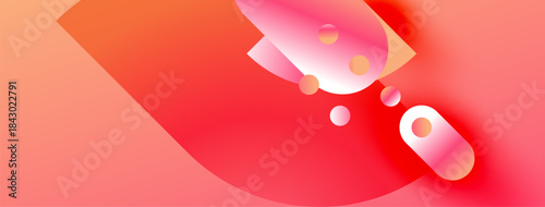 Abstract design features vibrant red, pink gradients. Circular shapes overlap creating dynamic composition. Smooth transitions, modern aesthetic.