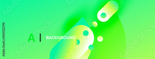 Vibrant green background features abstract shapes, gradients, text AI BACKGROUND. Modern design, dynamic composition, smooth transitions present.