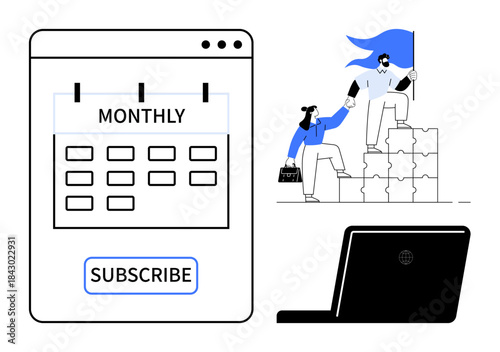 Business growth, teamwork, subscription services, digital workflow, goal setting, and planning tools. Monthly calendar with subscribe button, team holding flag on puzzle blocks, and a laptop