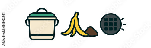 Flat vector illustration of countertop composting: small caddy with lid banana peel and coffee grounds and charcoal filter icon rounded shapes clean outline clean white background