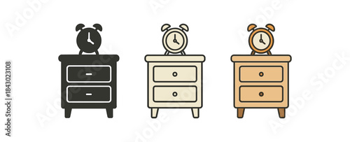 cozy home icons one flat solid monochrome one thin black outline black and white one full color flat icon nightstand with alarm clock
