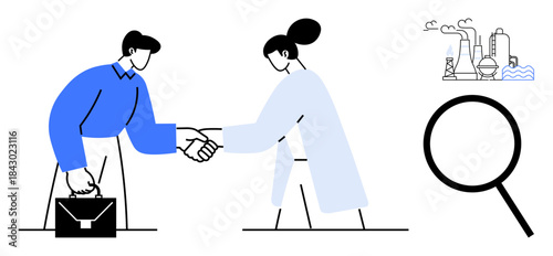 Two professionals shaking hands, factory and smoke in background, magnifying glass nearby. Ideal for partnerships, sustainability, business deals, environmental impact, collaboration, analysis