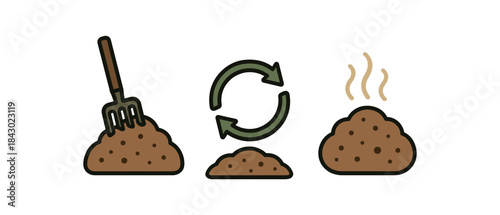 Flat vector illustration of turning compost: pitchfork stirring heap curved arrows and steaming warm compost center rounded shapes clean outline clean white background