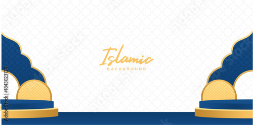 Islamic Blue Gold Podium Stage Banner Elegant Background