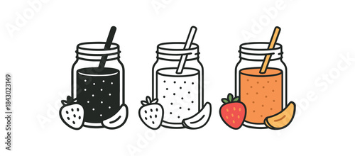 Flat vector illustration smoothie jars with straws and fruit pieces soft rounded forms clean outline one black and white flat version one outline version one color version cozy drink style