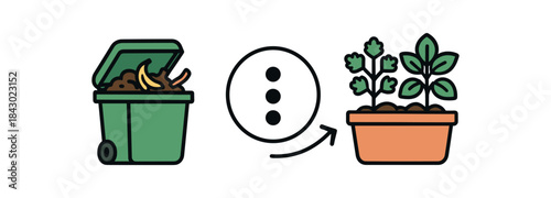 Flat vector illustration of balcony compost setup: small bin aeration holes icon and potted herbs fed by compost rounded shapes clean outline clean white background