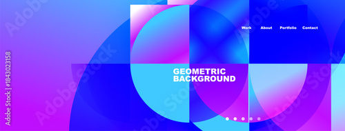 Abstract geometric design. Vibrant purple, blue hues dominate composition. Text reads Geometric Background, navigation visible. Modern aesthetic.