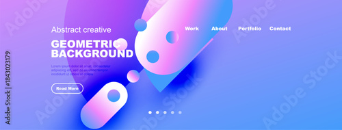 Modern website banner features vibrant geometric shapes, gradients, text elements. Design promotes work, portfolio, contact options.