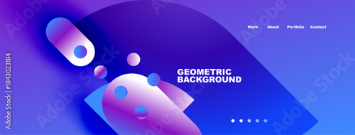 Abstract design features vibrant blue, purple gradients. Spheres, shapes create dynamic composition. Text displays website navigation options.