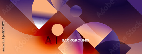 Abstract geometric shapes blend orange, purple hues. Text reads AI BACKGROUND. Modern design evokes digital feel.