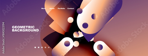 Abstract geometric shapes, vibrant colors, website header design. Navigation menu present, modern aesthetic, purple gradient background.