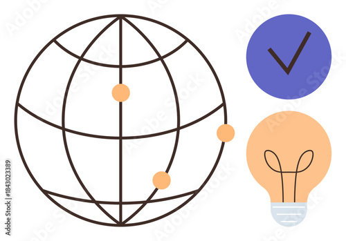 Globe with orange dots, light bulb, and checkmark illustrating global connection, innovation, and approval. Ideal for technology, education, business, teamwork creativity decision-making simple