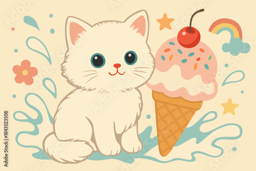 Kitten and icecream. Milky splashes and colorful icecream accompanied by white cute fluffy cat and sift childlike elements. Vintage vector poster