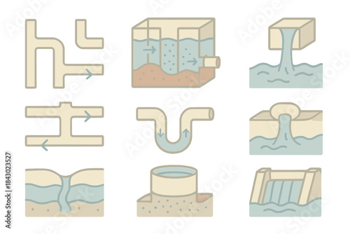 Underground Water Systems. Isometric vector illustration set Underground water logic: pipe grids, filtration chambers, clean water
