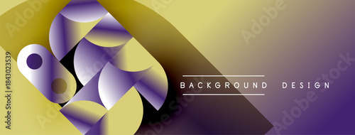 Abstract geometric shapes blend gold, purple hues. Modern design evokes dynamic energy, smooth gradients. Background text reads background design.