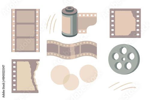Retro Film Elements. Isometric vector illustration set Celluloid relics: scratched negatives, spliced tape seams, film tears, reel