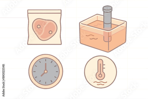 Sous-Vide Cooking Icons. Isometric vector illustration set Sous-vide precision visuals: sealed bag outline, warm gradient water