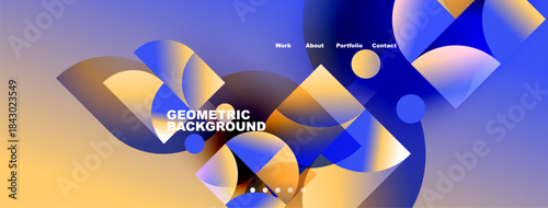 Abstract design features layered shapes, vibrant colors. Gradient background creates dynamic visual effect. Text elements present top portion.