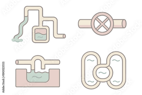 Mystical Water Schematics. Isometric vector illustration set Mystical water schematics: geometric fluid routes, sealed conduits,