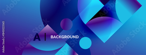 Abstract vibrant background features overlapping circles, triangles. Blue, purple hues dominate design. Text reads AI BACKGROUND.