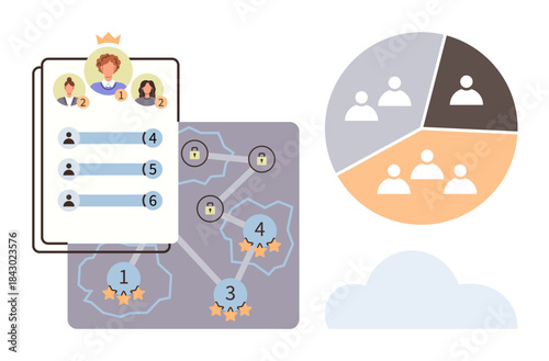 Leaderboard with rankings, gamified task map with progress stars and locks, team pie chart segmentation. Ideal for education, teamwork, motivation, productivity, strategy, gaming progress
