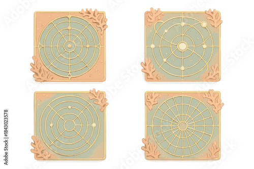Coral Time Maps. Isometric vector illustration set Coral time maps: celestial charts in brass filigree, coral encrusted dials,