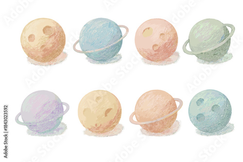 Planetary Crayon Study. Isometric vector illustration set Planetary crayon study: shaded surfaces, visible texture grain, orbit