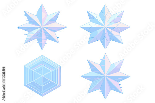 Isometric Geometric Snowflakes. Isometric vector illustration set Paper-glitch snow geometry: fractured origami stars, luminous