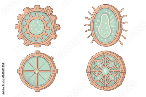 Microbial Steampunk Windows. Isometric vector illustration set Microbial steampunk windows: gear-like bacteria, luminous membranes