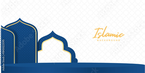Islamic Blue Gold Podium Stage Banner Elegant Background