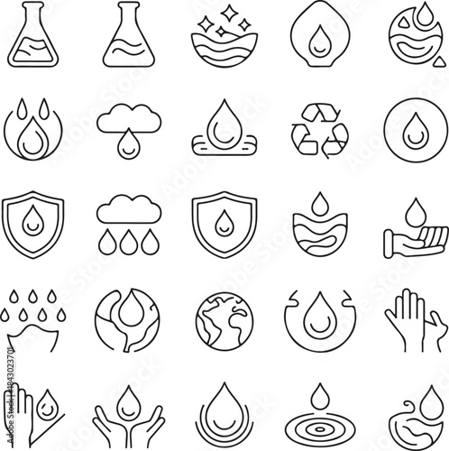 water linear icon collection real estate. Drop Water, Mineral Water, Low and High Tide, Shower,
