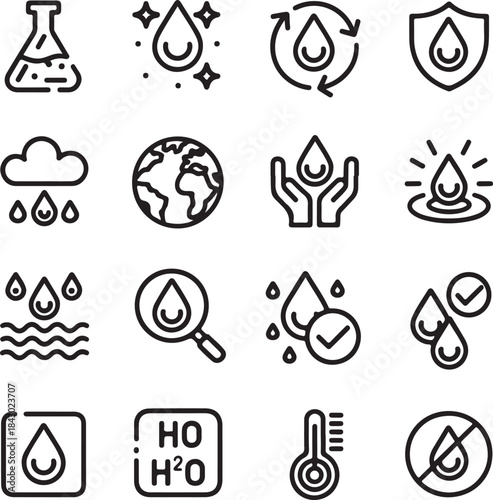 Water drops icon set. Editable vector pack of water line icons. A drop of water. Glass, magnifier, washing hands, shower. Vector illustration
