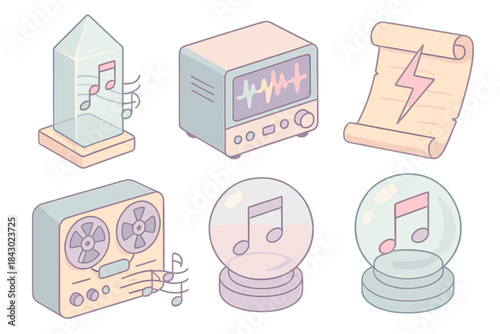 Pastel Sound Artifacts. Isometric vector illustration set of sound archaeology elements: melody stored in crystal archive,