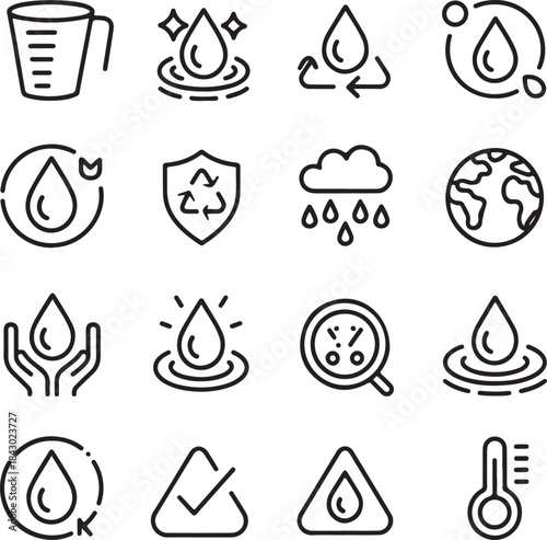 Water drop flat line icons set. Aqua filter, softener, ionization, disinfection, glass vector illustrations
