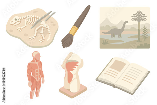 Scientific Tools Icons. Isometric vector illustration set of scientific reconstruction tools: fossil skeleton being assembled,