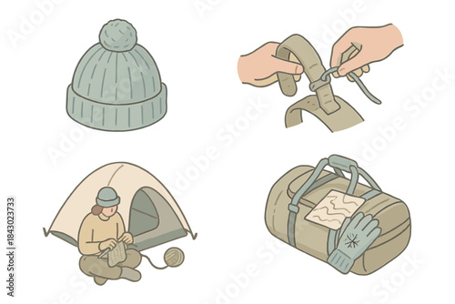 Handmade Expedition Gear. Isometric vector illustration set of handmade expedition gear: beanie crafted for summit durability,
