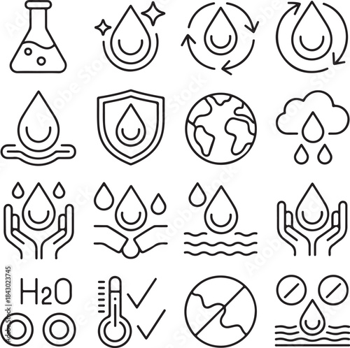 Water treatment icon set. Containing water filter, reuse water, fresh water, pipe, glass, bottle, clean water 
