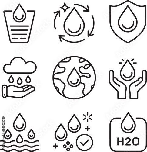 Water line icon set. Rain drops, glass, H2O molecule, purification filter, pure aqua outline vector illustration. Linear pictogram for drink
