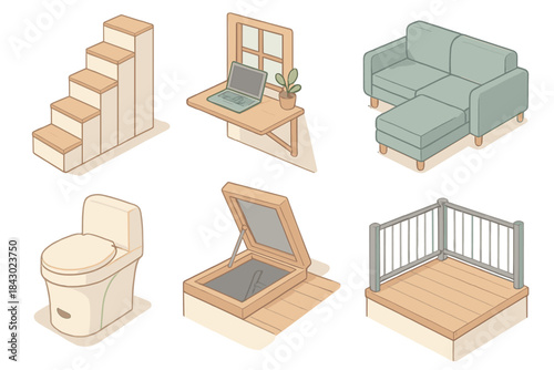 Tiny House Solutions. Isometric vector illustration set of tiny house interior solutions: storage staircase, foldable workspace