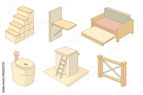 Space-Saving Home Design. Isometric vector illustration set of space-saving home layout: storage stairs, folding worktable,