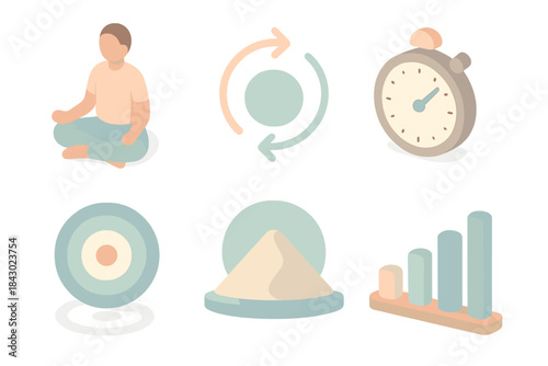 Meditation Guide Icons. Isometric vector illustration set of beginner meditation guide: sitting human icon, breath pacing