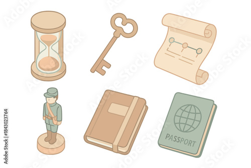 Chronological Travel Keepsakes. Isometric vector illustration set of chronological travel keepsakes: mini hourglass, antique key,