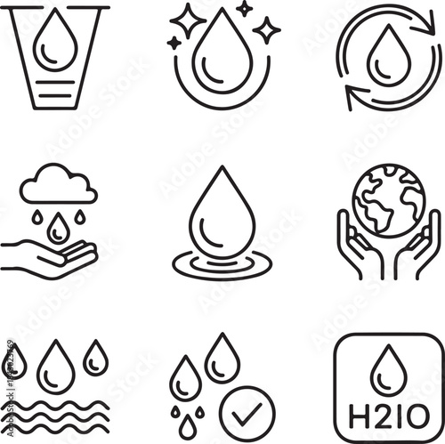 Water thin line icons set. Water editable stroke icons set. Water Drop symbol. Vector
