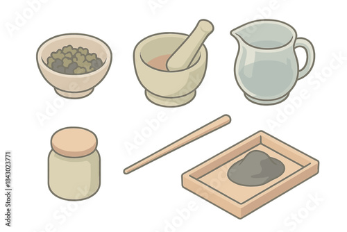 Traditional Ink-Making Tools. Isometric vector illustration set of traditional ink-making tools: crushed plant pigment bowl,