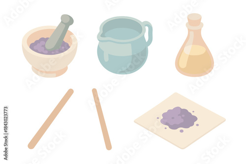 Handmade Ink Process. Isometric vector illustration set of handmade pigment ink process: pigment grinding bowl, stone pestle,