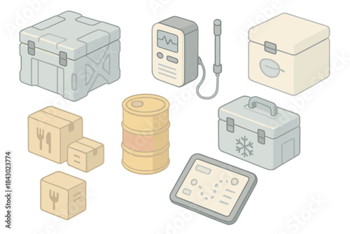 Antarctic Expedition Gear. Isometric vector illustration set of Antarctic expedition inventory: insulated crates, scientific