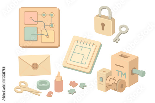 Escape Room Workshop. Isometric vector illustration set of escape room workshop: puzzle prototype board, key and lock assembly,